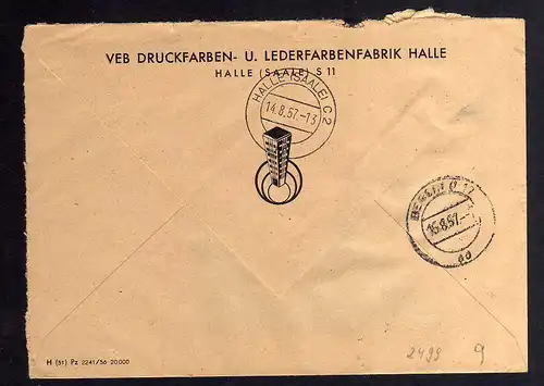B2499 Brief DDR ZKD 15 8000 1957 VEB Druckfarben und Lederfarbenfabrik Halle