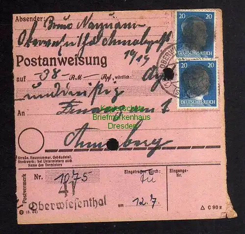 B2968 Sächsische Schwärzung 1945 Postanweisung 41 Oberwiesenthal 12.7. Annaberg