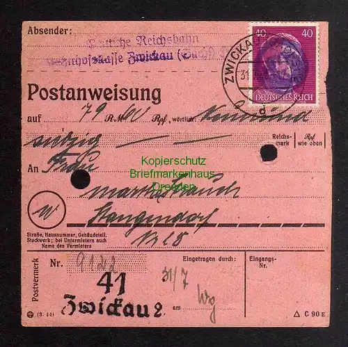 B2970 Sächsische Schwärzung 1945 Postanweisung 41 Zwickau 31.7. Stangendorf