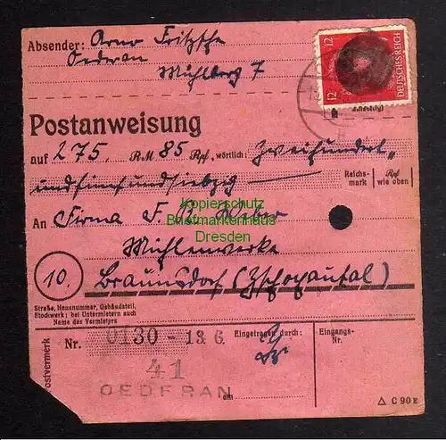 B3040 Sächsische Schwärzung 1945 Postanweisung 41 Oederan - Braunsdorf