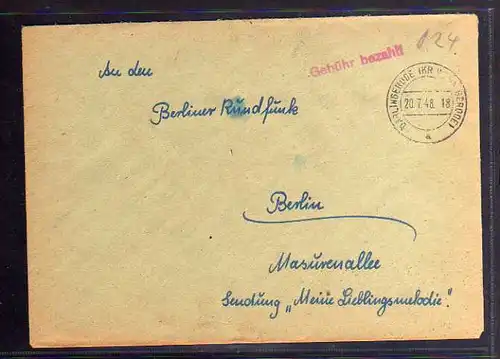 B310 SBZ Brief Gebühr bezahlt 1948 Darlingerode Kreis Wernigerode an Berliner Ru