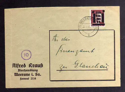 B3329 Brief Lokalausgabe Glauchau in Meerane verwendet an Finanzamt Bierhandlung