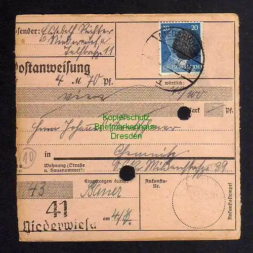 B3037 Sächsische Schwärzung 1945 Postanweisung 41 Niederwiesa - Chemnitz