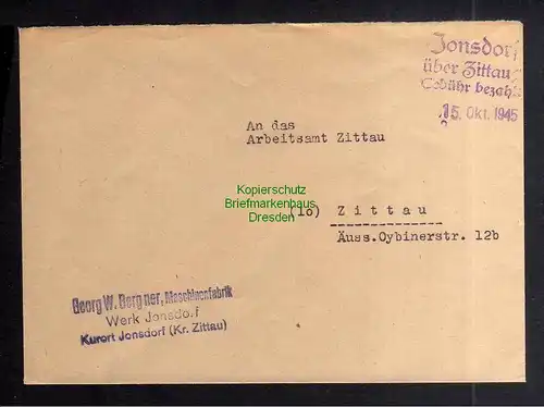 B3415 Brief Ostsachsen gebühr bezahlt 1945 Notstempel Jonsdorf über Zittau 1