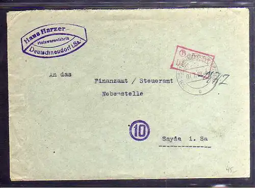 B318 SBZ Brief Gebühr bezahlt 7.7.1948 Deutschneudorf Holzwarenfabrik Finanzamt