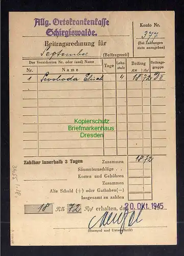 B3455 Postkarte Ostsachsen 1945 Schirgiswalde Ortskarte selten Ortskrankenkasse