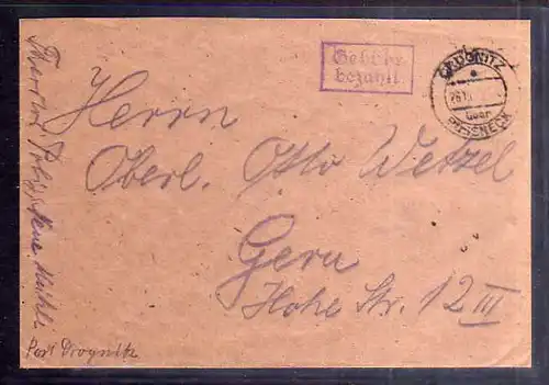 B330 SBZ Brief Gebühr bezahlt 1945 Drognitz über Pössneck Neue Mühle