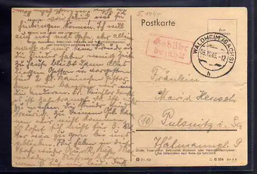 B813 SBZ Postkarte Gebühr bezahlt 1945 Waldheim Sachsen