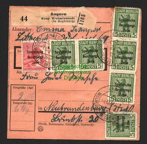 B8485 SBZ Maschinenaufdruck komplette Paketkarte Angern über Wolmirstedt 1948