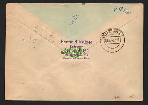 h5974 SBZ Handstempel Bezirk 27 Leipzig C2 Einschreiben Brief 8.7.48