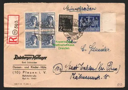 h6073 SBZ Handstempel Bezirk 41 Plauen 4 R-Brief 9.7.48 50 Pfg. Hannovermesse