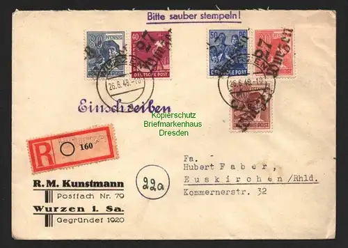 h5960 SBZ Handstempel Bezirk 27 Wurzen Brief 26.6.48 Einschreiben n. Euskirchen