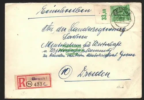 h5970 SBZ Handstempel Bezirk Chemnitz 84 Pfg.Oberrand R-Brief 30.6. Kressebrief