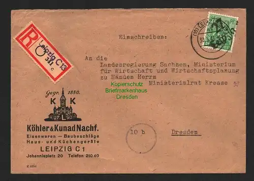 h5984 SBZ Handstempel Bezirk 27 Leipzig 84 Pfg. R-Brief 30.6.48 Kressebrief