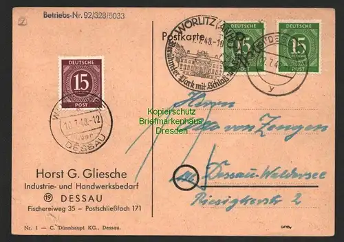 h6111 SBZ Handstempel Bezirk 29 Dessau Ziffer 15 grün auf Postkarte Wörlitz nach