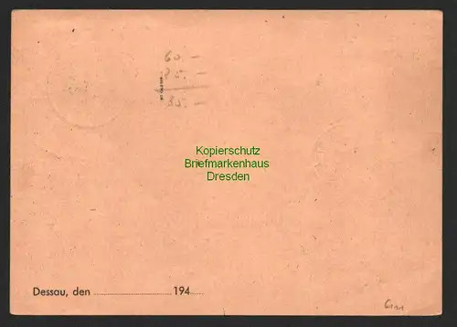 h6111 SBZ Handstempel Bezirk 29 Dessau Ziffer 15 grün auf Postkarte Wörlitz nach