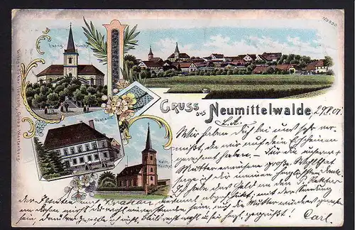79330 AK Neumittelwalde Litho 1901 Kirche Postamt Miedzyborz