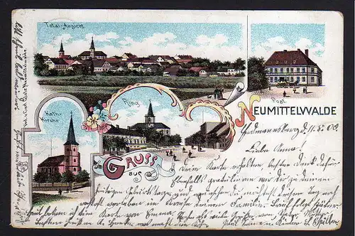 79755 AK Neumittelwalde 1900 Litho Postamt Ring kath. Kirche Schlesien Honig