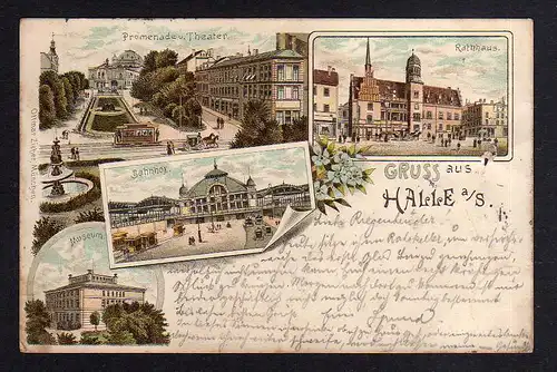 98109 AK Litho Halle Saale 1895 Vorläufer Theater Rathaus Bahnhof Museum