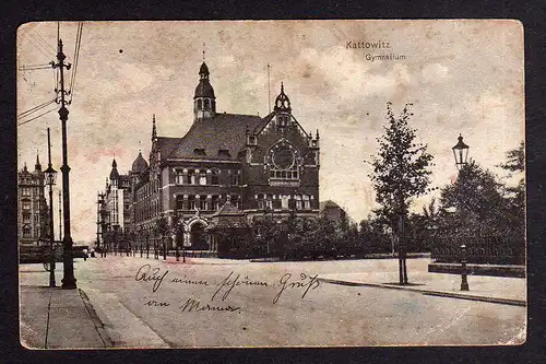 96776 AK Kattowitz 1915 Gymnasium an Straßenkreuzung