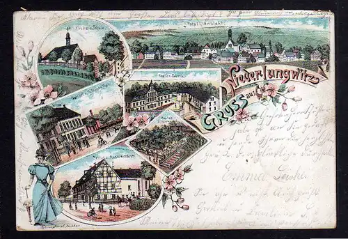 97638 AK Niederlungwitz Gasthof z. KastanienbaumKirche Schule Papier Fabrik 1898