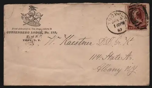 B11841 USA Brief 1887 Troy N. Y. Guttenberg Lodge No. 112 to Albany