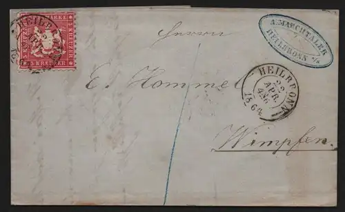 B11758 Brief Württemberg 26b Heilbronn 1864 nach Wimpfen gepr. Irtenkauf BPP