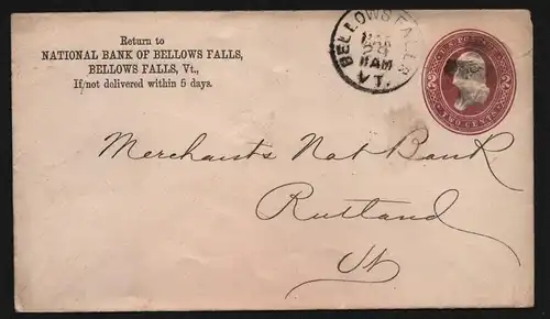 B11861 USA Brief 1886 Bellows Falls National Bank VT to Rutland