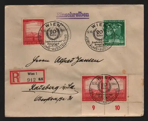 B12256 Brief DR 769 3x 804 Einschreiben Wien Jubiläums Ausstellung Donauland