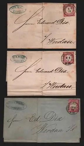 B12396 Deutsches Reich DR 3x Brief Hamburg Beyer & Driehaus 1872 4 Brustschild
