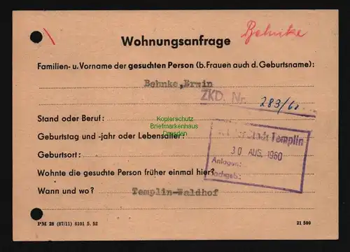 B12080 DDR Dienst ZKD 283/60 Auskunft Wohnungsanfrage Republikflüchtling 1960