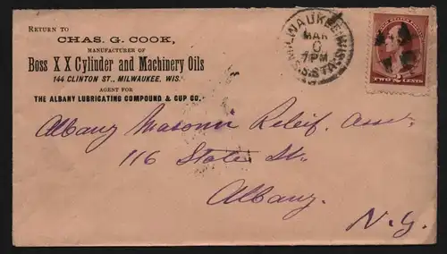 B11870 USA Brief 1886 Milwaukee Wis. Boss Cylinder and Machinery Oils to Albany