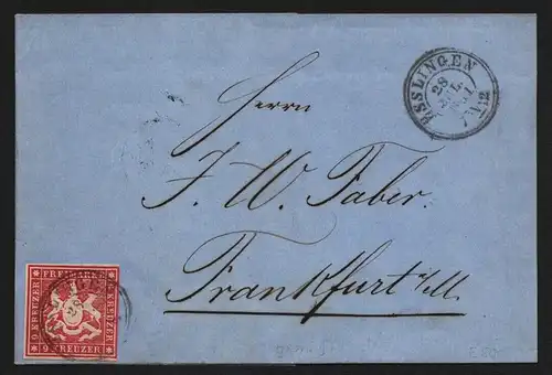 B11751 Brief Württemberg 14a Esslingen 1861 n Frankfurt a. M. gepr. Heinrich BPP