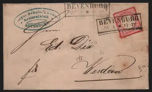 B12398 Deutsches Reich DR 4 Brief Beyenburg 22.1.72 Kratzenfabrik 1872 Brustschi