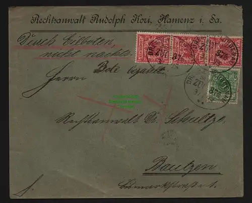 B12016 Brief DR Krone Adler 1898 Kamenz Eilboten nach Bautzen Bahnpost