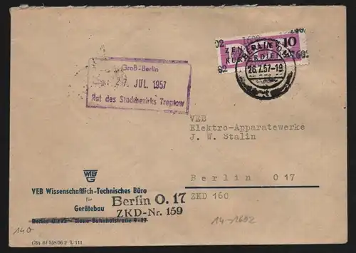 B13394 DDR Dienst ZKD 14 1602 Brief 1957 Berlin VEB Technisches Büro f Gerätebau