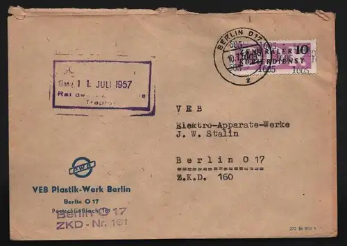B13427 DDR Dienst ZKD 14 1605 Brief 1957 Berlin VEB Plastik Werk ZKD Nr. 161