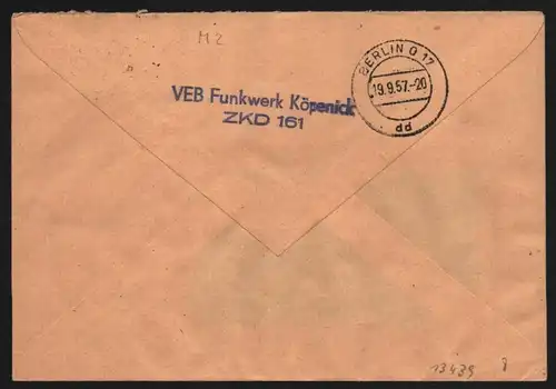 B13439 DDR Dienst ZKD 14 1605 Brief 1957 Berlin VEB Funkwerk Köpenick ZKD 161