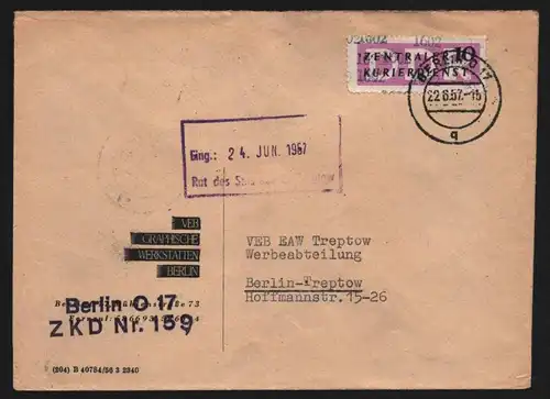 B13409 DDR Dienst ZKD 14 1602 Brief 1957 VEB Graphische Werkstätten Berlin 159