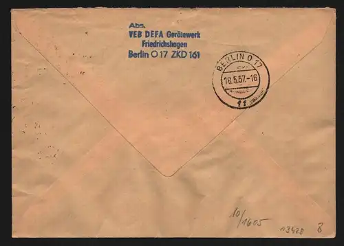 B13428 DDR Dienst ZKD 10 1605 Brief 1957 Berlin DEFA Gerätewerk Friedrichshagen