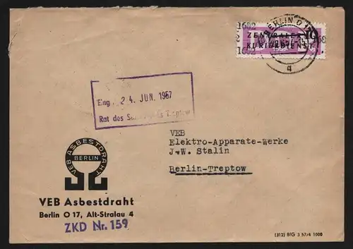 B13406 DDR Dienst ZKD 14 1602 Brief 1957 Berlin VEB Asbestdraht ZKD Nr. 159