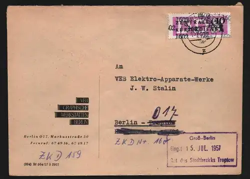 B13410 DDR Dienst ZKD 14 1602 Brief 1957 VEB Graphische Werkstätten Berlin 159