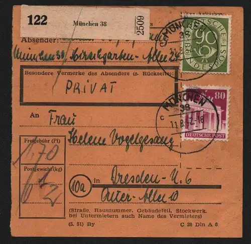 B13176 Paketkarte BRD München 1952 nach Dresden