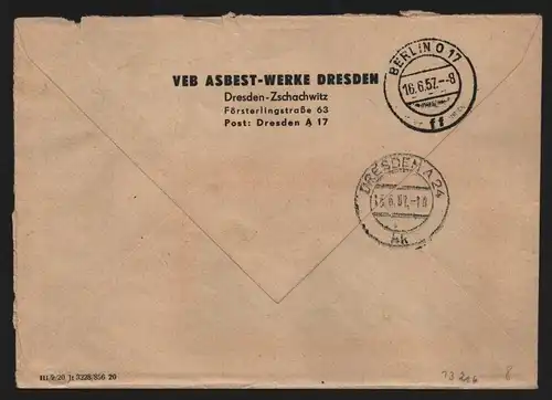 B13216 DDR Dienst ZKD 15 1300 Brief 1957 VEB Asbest Werke Dresden nach Berlin