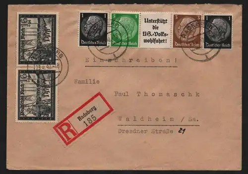 B13194 Brief Einschreiben DR Hindenburg Radeberg 1942 nach Waldheim