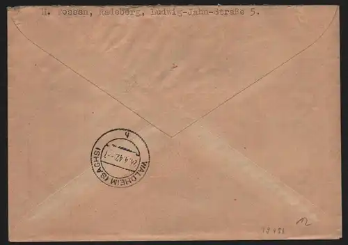 B13194 Brief Einschreiben DR Hindenburg Radeberg 1942 nach Waldheim