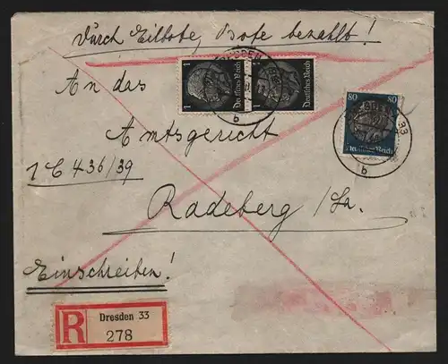B13190 Brief Einschreiben DR Hindenburg 1940 Dresden an Amtsgericht Radeberg