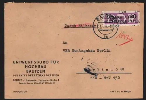 B13256 DDR Dienst ZKD 11 1301 Brief 1957 Entwurfsbüro für Hochbau Bautzen Berlin