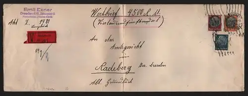 B13191 Brief Wertbrief DR Hindenburg 1940 Dresden an Amtsgericht Radeberg