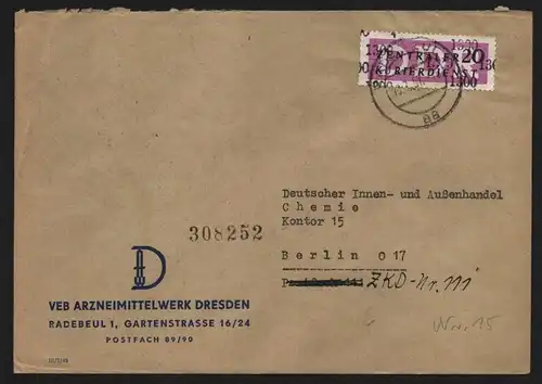 B13217 DDR Dienst ZKD 15 1300 Brief VEB Arzneimittelwerk Dresden Radebeul 1957